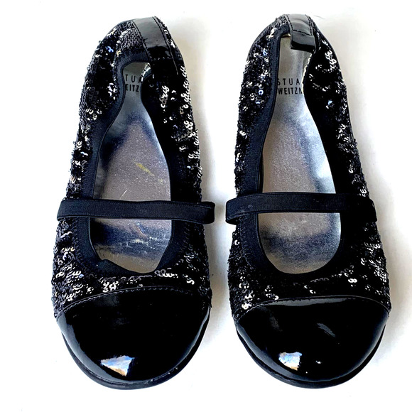 Stuart Weitzman Black Claire Sequin Patent Ballet Flats Mary Jane Elastic Size 4 - Picture 1 of 7